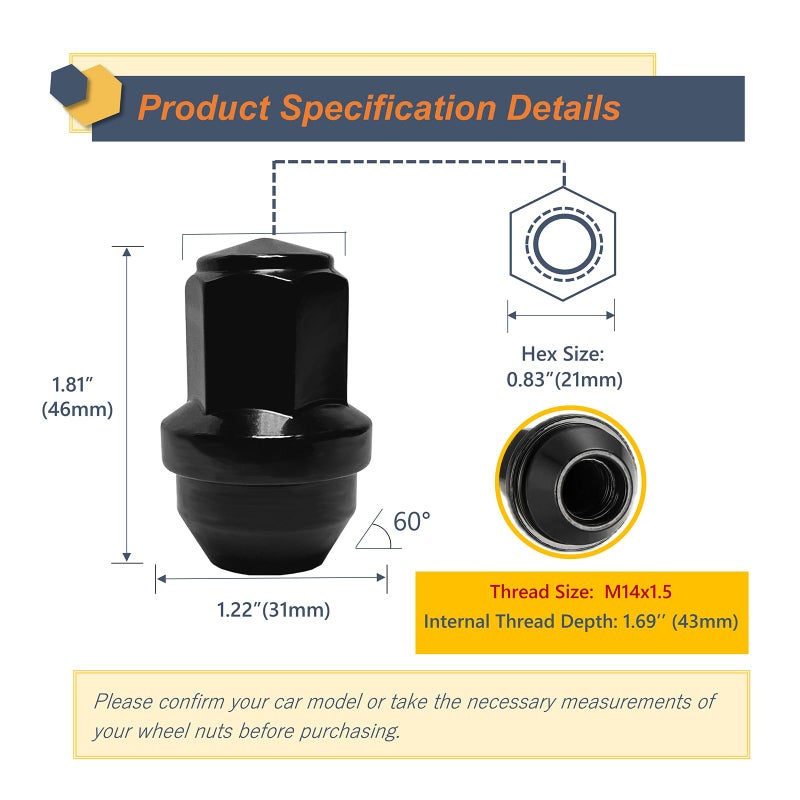 Kadrick 24Pcs M14x1.5 Lug Nuts Replacement for Ford Expedition/F-150 2015-2022, One-Piece Solid Black OEM Factory Style Large Acorn Seat Wheel Nuts for Lincoln 2016-2021 MKX, Anti-Rust Updated - Image 3
